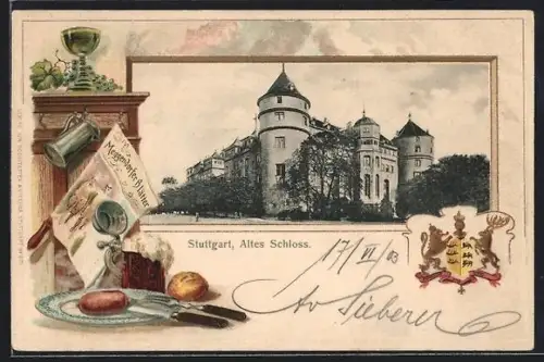 Passepartout-Lithographie Stuttgart, Altes Schloss, Teller mit Wurst, Wappen