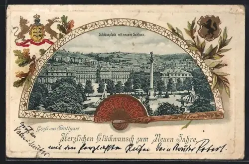 Passepartout-Lithographie Stuttgart, Schlossplatz mit neuem Schloss in einem Fächer