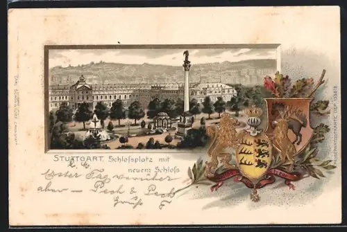 Passepartout-Lithographie Stuttgart, Schlossplatz mit neuem Schloss, Wappen um 1900