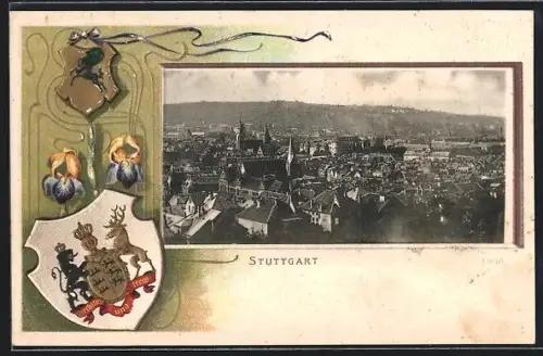 Passepartout-Lithographie Stuttgart, Teilansicht, Wappen