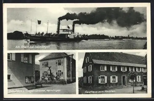AK Helmlingen, Gasthaus zum Hechten, Schulhaus und Kriegerdenkmal, Dampfer auf dem Rhein