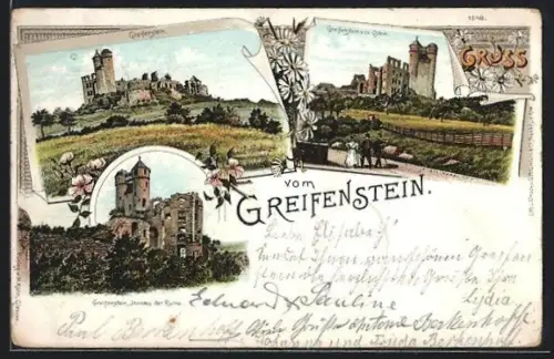Lithographie Greifenstein / Hessen, Panoramablick von Osten & Inneres der Ruine