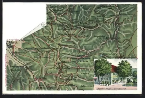 Lithographie Ottenhöfen, Gasthof Pflug, Landkarte mit Hotel Breitenbrunnen, Hotel Hundseck und Hotel Edelfrauengrab