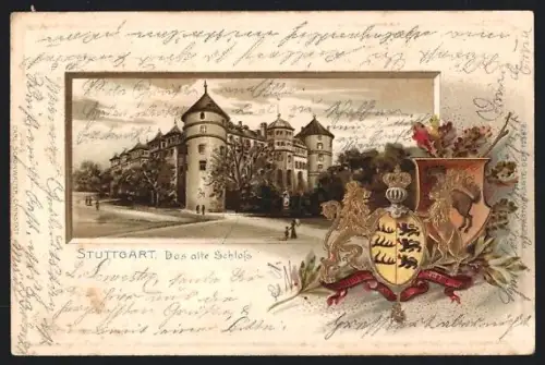 Passepartout-Lithographie Stuttgart, Altes Schloss, Landeswappen, Um 1900