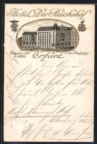 AK Erfurt, Hotel der Reichshof am Bahnhof, Bes. R. Spangenberg