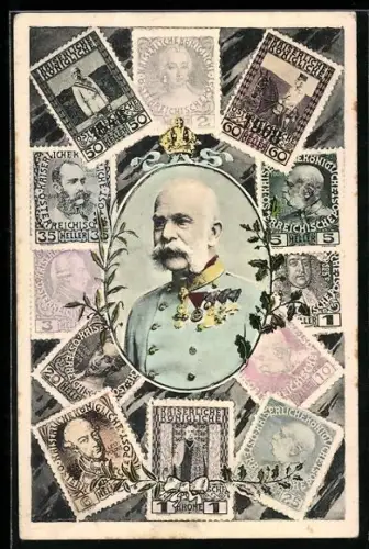 AK Kaiser Franz Josef I. von Österreich und österr. Briefmarken