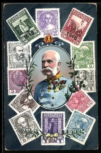AK Kaiser Franz Josef I. von Österreich, Portrait und österr. Briefmarken
