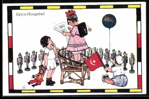 Künstler-AK M.H.S.: Unsere Kinder im Weltkriege, Kinder mit Zeitung, türkischer Fahne und Zeppelin-Ballon