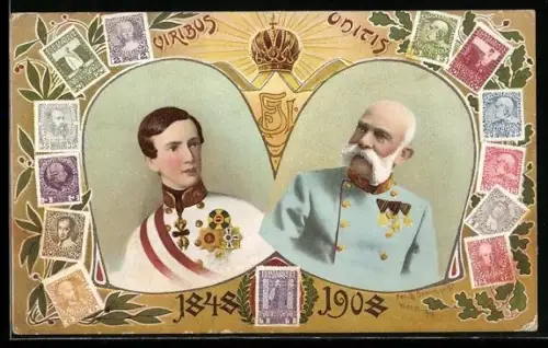 AK Kaiser Franz Josef I. von Österreich 1848 und 1908, Österreichische Briefmarken