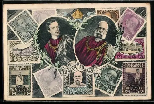 AK Kaiser Franz Josef I. von Österreich, 1848 - 1908, Briefmarken