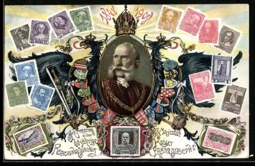 AK Portrait von Kaiser Franz Josef I. von Österreich mit vielen Briefmarken