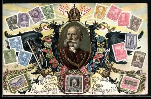 AK Portrait von Kaiser Franz Josef I. von Österreich mit vielen Briefmarken