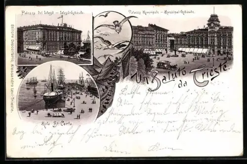 Vorläufer-Lithographie Trieste, 1895, Palazzo del Lloyd, Palazzo Municipale, Molo St. Corlo