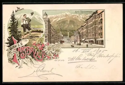 Vorläufer-Lithographie Innsbruck, 1895, Maria Theresienstrasse, Bergsteiger in Tracht