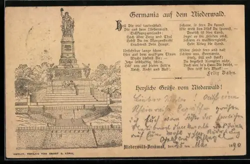 Vorläufer-AK Niederwald, 1890, Niederwald-Denkmal mit Germania, Gedicht von Felix Dahn