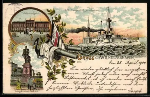 Lithographie Wilhelmshaven, Panzerschiff SMS Brandenburg des Ostasiengeschwaders, Werfttorgebäude
