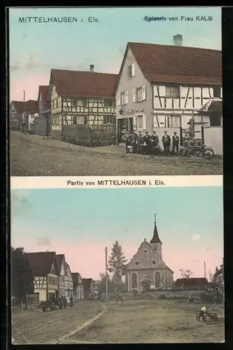 AK Mittelhausen i. Els., Pericerie von Frau Kalb, Blick zur Kirche