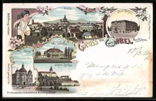 Lithographie Gabel /Nord Böhmen, Schloss Neu-Falkenburg, Neues Rathaus, Schloss Lämberg, Kirche