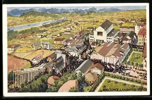 Künstler-AK Linz, Ausstellung 1924 aus der Vogelschau