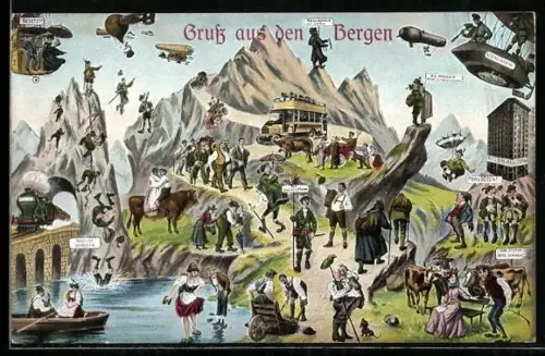 AK Zukunftsbild aus den Bergen, Verkehr und Tourismus, Zeppelin