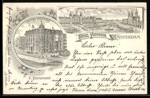 Lithographie Amsterdam, Hotel Victoria, Propr. E. Kaufmann, Gare Centrale