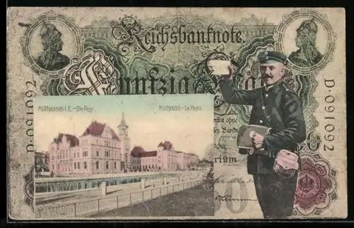 AK Mülhausen i. Els., Die Post, Banknote 50 Mark, Postbote