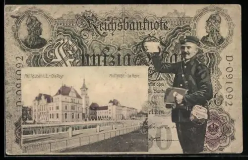 AK Mülhausen i. E., Partie an der Post, Banknote 50 Mark, Postbote mit Brief