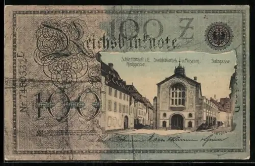 AK Schlettstadt i. E., Kirchgasse mit Stadtbibliothek und Museum, Geldschein 100 Mark