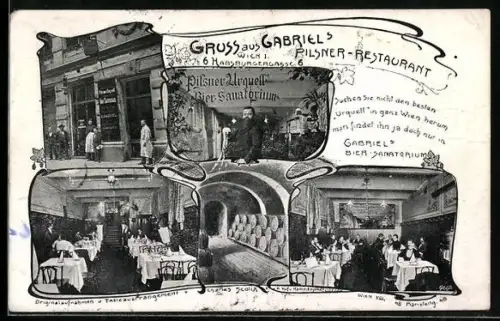 AK Wien, Gabriels Pilsner-Restaurant, Innen- und Aussenansicht, Habsburgergasse 6