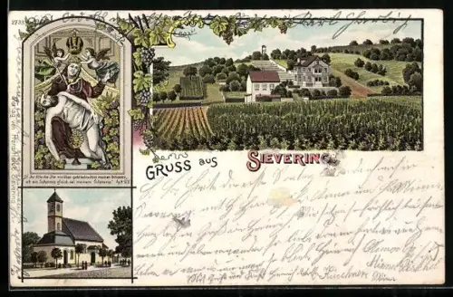 Lithographie Wien-Sievering, Kirche, Totalansicht