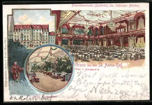 Lithographie Wien, Restaurant St. Anna-Hof Annengasse 3, Franziskaner-Keller Jos. Sedlmayer