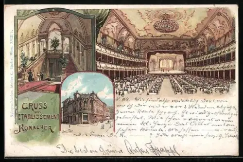 Lithographie Wien, Etablissement Ronacher, Feststaal und Aussenperspektive