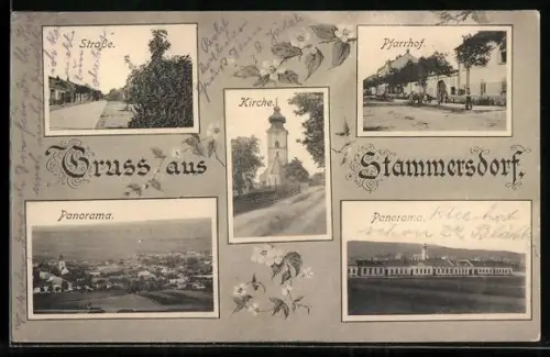 AK Stammersdorf, Panorama, Kirche, Pfarrhof und Strassenpartie