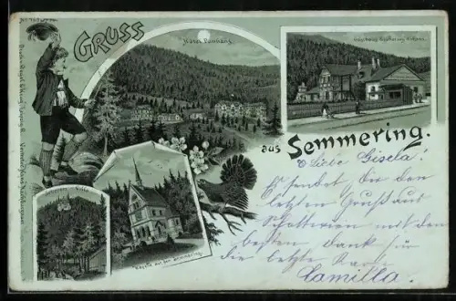 Mondschein-Lithographie Semmering, Hotel Panfranz, Gasthaus Erzherzog Johann und Kapelle
