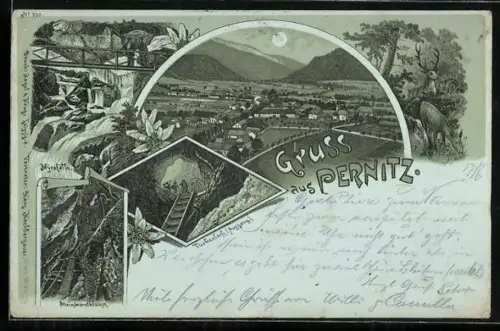 Mondschein-Lithographie Pernitz, Totalansicht, Steinwandklamm, Myrafälle und Türkenloch