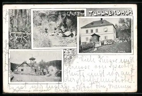 AK Tullnerbach, Schule, Hirschtränke und Platz mit Glocke
