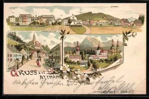 Lithographie Attnang, Ortsansicht, Strassenpartie, Puchheim