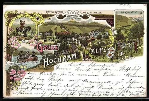 Lithographie Gablitz /N.Oest., Totalansicht, Blick auf Wien, fröhliche Gesellschaft auf einem Ruderboot