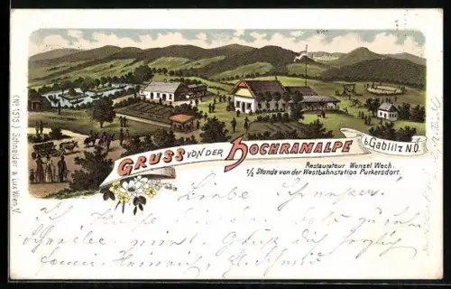 Lithographie Gablitz, Gasthaus Hochramalpe mit Umgebung aus der Vogelschau