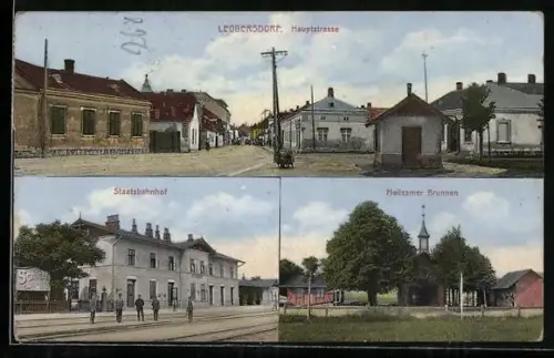 AK Leobersdorf, Partie an der Hauptstrasse, Staatsbahnhof und Heilsamer Brunnen