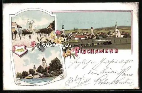 Lithographie Fischamend, Totalansicht mit Eisenbahn und Strassenpartie mit Kirche