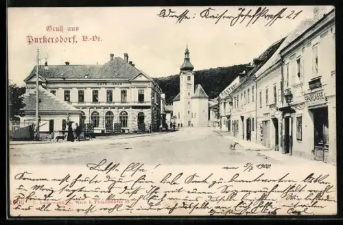 AK Purkersdorf /N.-Oe., Strassenpartie mit Kirche und Sparcasse