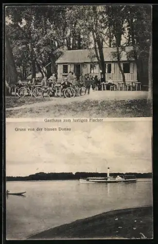 AK Wien, Gasthaus zum lustigen Fischer, Dampfer auf der Donau