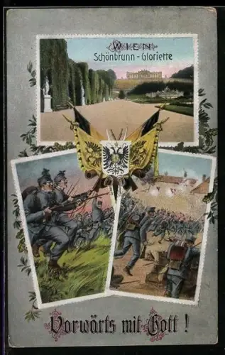 AK Wien, Schönbrunn-Gloriette, Passepartout mit Soldaten im Gefecht