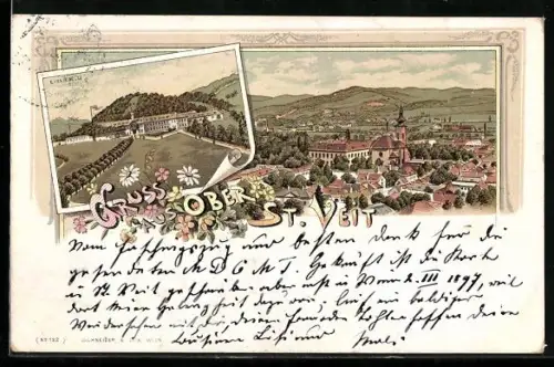 Lithographie Ober St. Veit, Panorama mit Kirche, Einsiedelei