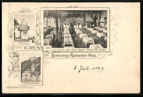 AK Graz, Schlossberg-Restaurant, Inh. Wilh. Sickha, Uhrturm, Schlossbergbahn