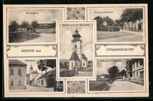 AK Stammersdorf, Kirche zum St. Nikolaus, Kriegerdenkmal, Kellergasse mit Hopfnervilla