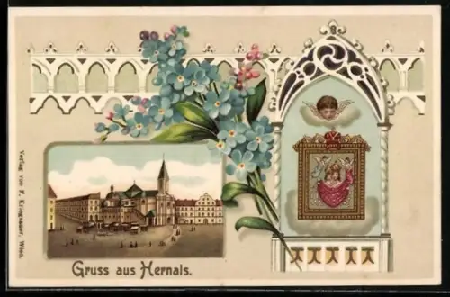 Lithographie Hernals, Platz mit Kirche, Passepartout mit Madonna und Vergissmeinnicht