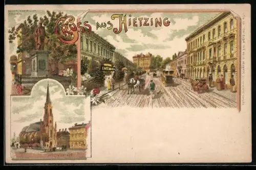 Lithographie Hietzing, Kirchenplatz, Kaiser Maximilian-Denkmal, Strassenpartie
