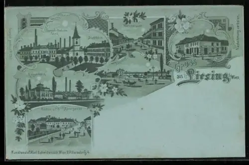 Mondschein-Lithographie Liesing b. Wien, Wienerstrasse, Kerzenfabrik, Kirchen- und Mauergasse